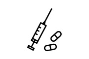 Web line icon. Syringe and tablets. 