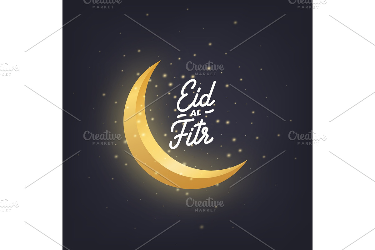 Ramadan Kareem greeting design with crescent moon, glowing stars and Eid-al-Fitr script lettering in Illustrations - product preview 8
