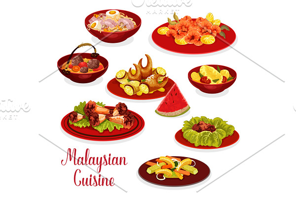 Malaysian cuisine dinner menu icon with asian food