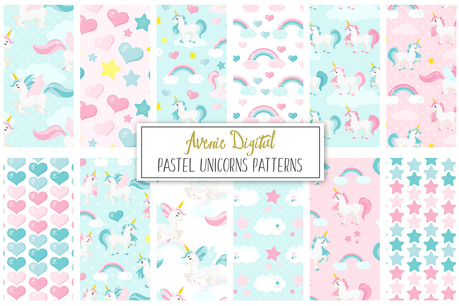 Pastel Unicorns Vector Patterns