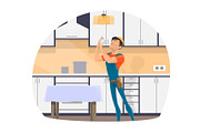 Professional electrician changing light bulb icon