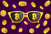 Gold glasses with the symbol bitcoin and cryptocurrency coin