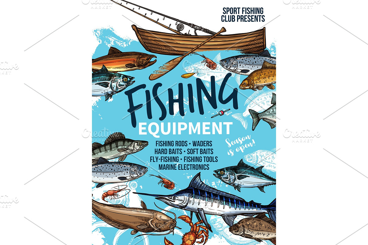 Fishing equipment banner with fish, rod and boat in Illustrations - product preview 8