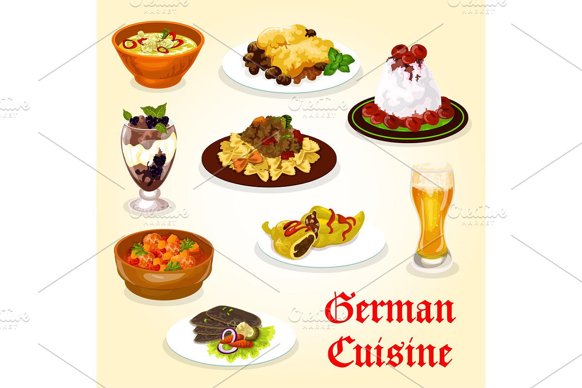 German cuisine dinner with meat dish and dessert in Illustrations - product preview 8