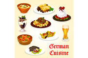 German cuisine dinner with meat dish and dessert