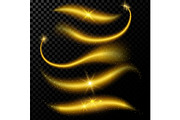 Magic sparkle comet and stardust. Golden cosmic glittering waves with glowing particles Set. Bright trail isolated on black background. Fairy dust. Glamour vector illustration.