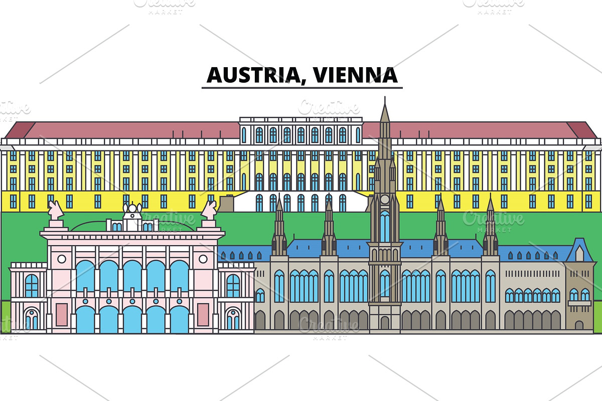 Austria, Vienna. City skyline, architecture, buildings, streets, silhouette, landscape, panorama, landmarks. Editable strokes. Flat design line vector illustration concept. Isolated icons in Illustrations - product preview 8