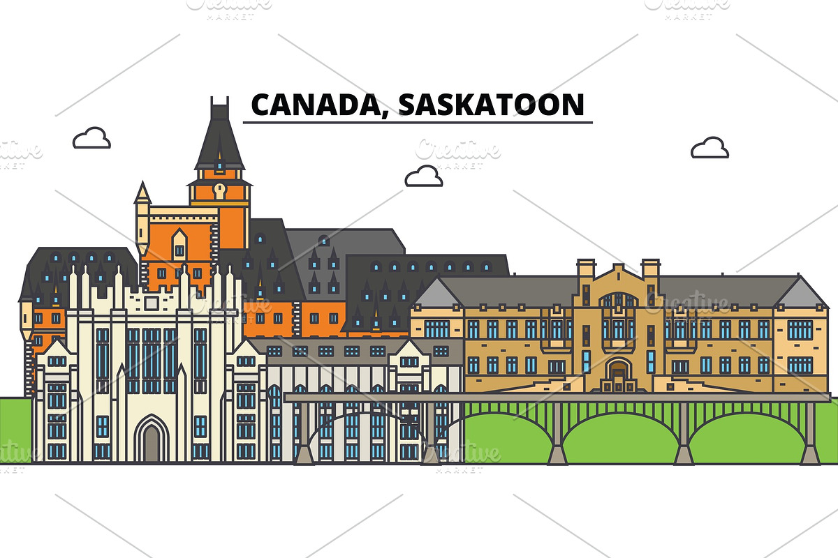 Canada, Saskatoon. City skyline, architecture, buildings, streets, silhouette, landscape, panorama, landmarks. Editable strokes. Flat design line vector illustration concept. Isolated icons in Illustrations - product preview 8