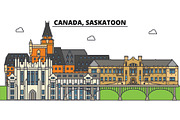 Canada, Saskatoon. City skyline, architecture, buildings, streets, silhouette, landscape, panorama, landmarks. Editable strokes. Flat design line vector illustration concept. Isolated icons