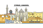 Cyprus, Limassol. City skyline, architecture, buildings, streets, silhouette, landscape, panorama, landmarks. Editable strokes. Flat design line vector illustration concept. Isolated icons