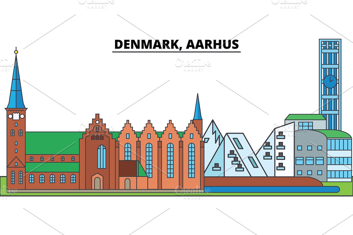 Denmark, Aarhus. City skyline, architecture, buildings, streets, silhouette, landscape, panorama, landmarks. Editable strokes. Flat design line vector illustration concept. Isolated icons in Illustrations - product preview 8