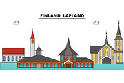 Finland, Lapland. City skyline, architecture, buildings, streets, silhouette, landscape, panorama, landmarks. Editable strokes. Flat design line vector illustration concept. Isolated icons
