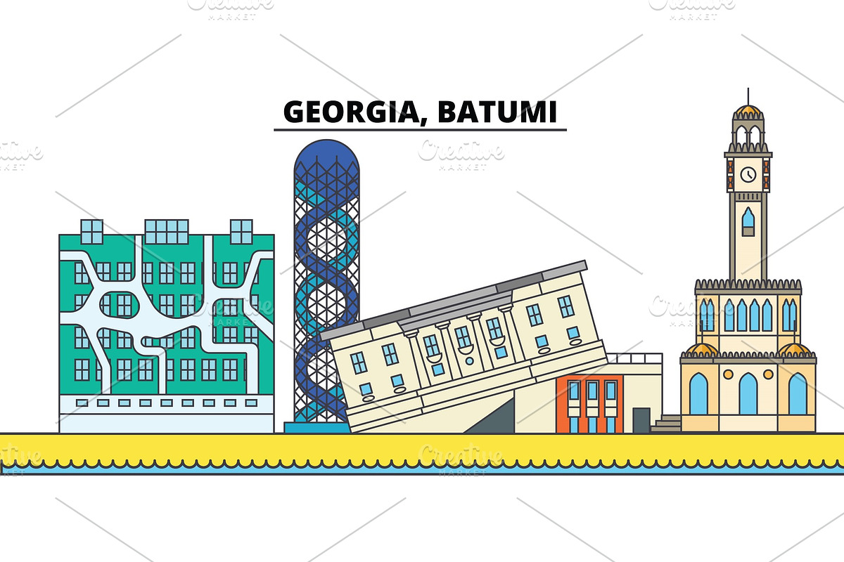 Georgia, Batumi. City skyline, architecture, buildings, streets, silhouette, landscape, panorama, landmarks. Editable strokes. Flat design line vector illustration concept. Isolated icons in Illustrations - product preview 8