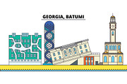 Georgia, Batumi. City skyline, architecture, buildings, streets, silhouette, landscape, panorama, landmarks. Editable strokes. Flat design line vector illustration concept. Isolated icons