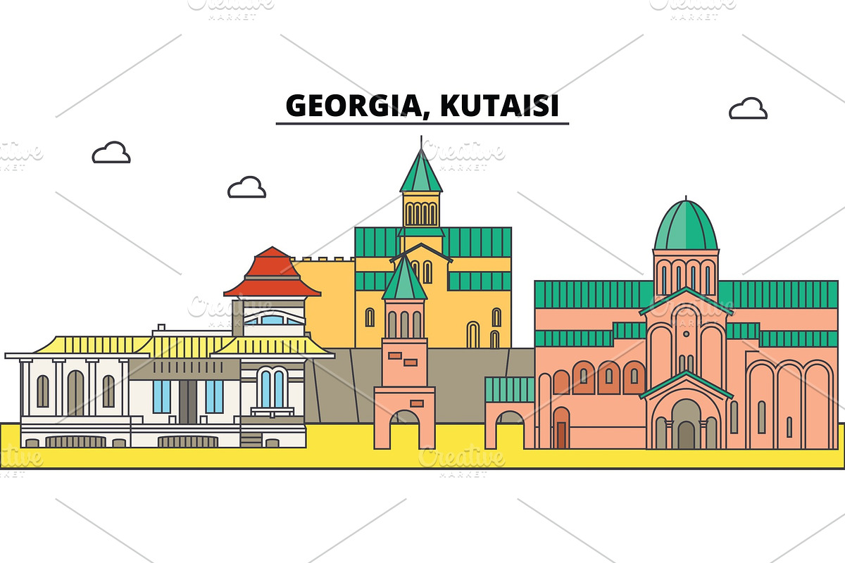 Georgia, Kutaisi. City skyline, architecture, buildings, streets, silhouette, landscape, panorama, landmarks. Editable strokes. Flat design line vector illustration concept. Isolated icons in Illustrations - product preview 8