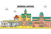 Georgia, Kutaisi. City skyline, architecture, buildings, streets, silhouette, landscape, panorama, landmarks. Editable strokes. Flat design line vector illustration concept. Isolated icons