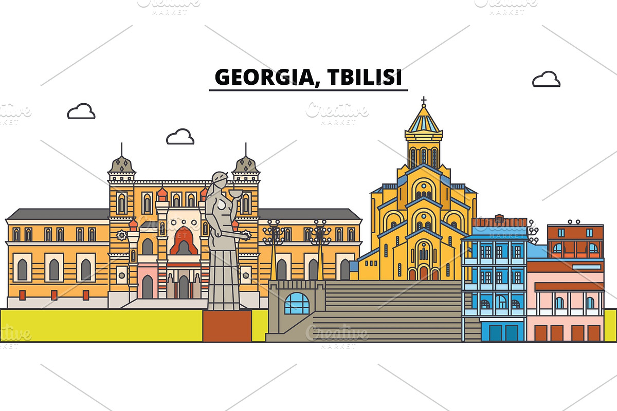 Georgia, Tbilisi. City skyline, architecture, buildings, streets, silhouette, landscape, panorama, landmarks. Editable strokes. Flat design line vector illustration concept. Isolated icons in Illustrations - product preview 8