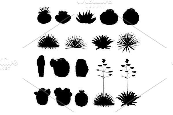 Black silhouettes of round cacti and blue agave. Vector collection