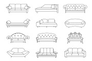 Sofa colored vector set. Collection of sofa illustration. Stock vector. Coloring book
