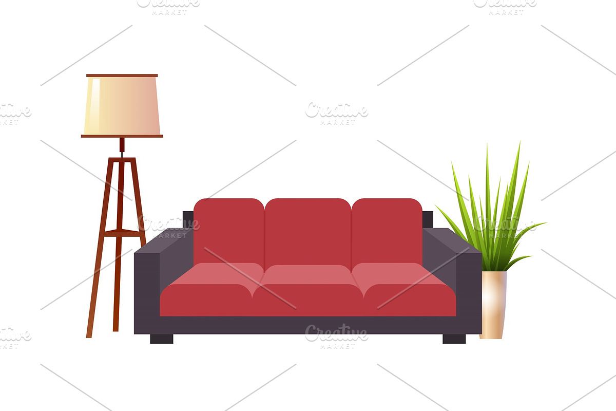 Realistic red sofa with floor lamp and flowerpot interior vector illustration in Objects - product preview 8