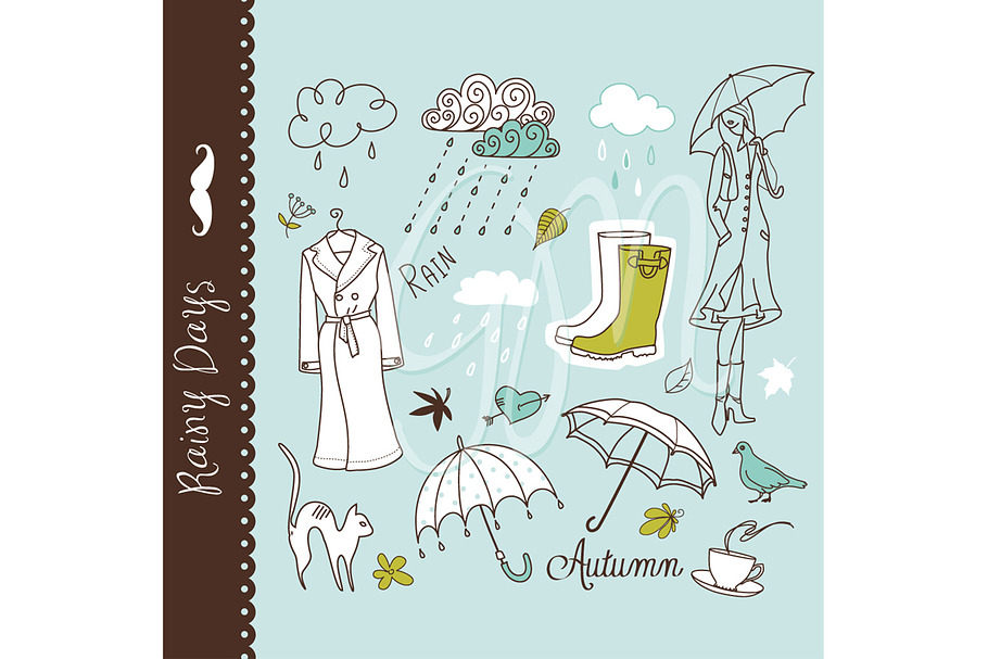 Rainy day clip art, umbrella doodles