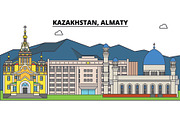 Kazakhstan, Almaty. City skyline, architecture, buildings, streets, silhouette, landscape, panorama, landmarks. Editable strokes. Flat design line vector illustration concept. Isolated icons