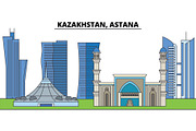 Kazakhstan, Astana. City skyline, architecture, buildings, streets, silhouette, landscape, panorama, landmarks. Editable strokes. Flat design line vector illustration concept. Isolated icons