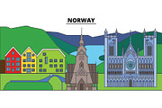 Norway. City skyline, architecture, buildings, streets, silhouette, landscape, panorama, landmarks. Editable strokes. Flat design line vector illustration concept. Isolated icons