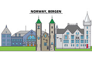 Norway, Bergen. City skyline, architecture, buildings, streets, silhouette, landscape, panorama, landmarks. Editable strokes. Flat design line vector illustration concept. Isolated icons