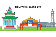 Philippines, Davao City. City skyline, architecture, buildings, streets, silhouette, landscape, panorama, landmarks. Editable strokes. Flat design line vector illustration concept. Isolated icons