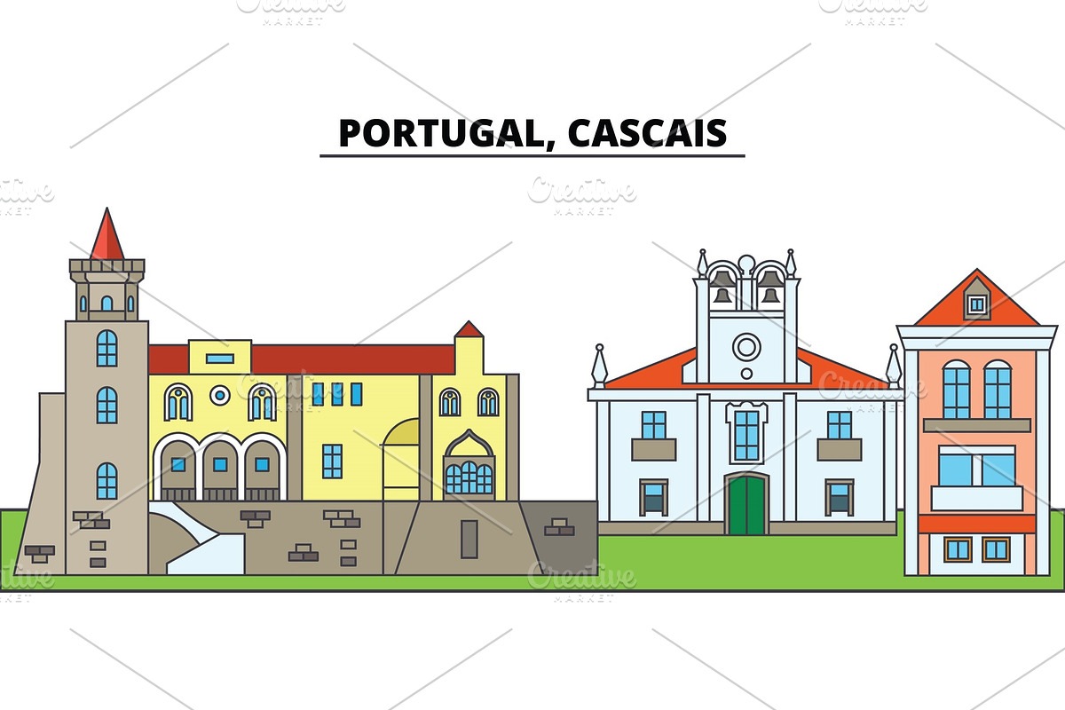 Portugal, Cascais. City skyline, architecture, buildings, streets, silhouette, landscape, panorama, landmarks. Editable strokes. Flat design line vector illustration concept. Isolated icons in Illustrations - product preview 8