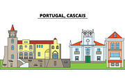 Portugal, Cascais. City skyline, architecture, buildings, streets, silhouette, landscape, panorama, landmarks. Editable strokes. Flat design line vector illustration concept. Isolated icons