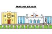 Portugal, Coimbra. City skyline, architecture, buildings, streets, silhouette, landscape, panorama, landmarks. Editable strokes. Flat design line vector illustration concept. Isolated icons