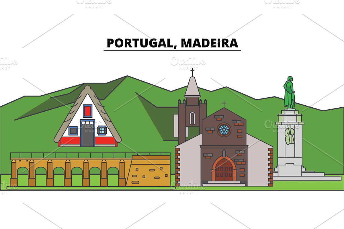 Portugal, Madeira. City skyline, architecture, buildings, streets, silhouette, landscape, panorama, landmarks. Editable strokes. Flat design line vector illustration concept. Isolated icons in Illustrations - product preview 8