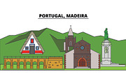 Portugal, Madeira. City skyline, architecture, buildings, streets, silhouette, landscape, panorama, landmarks. Editable strokes. Flat design line vector illustration concept. Isolated icons