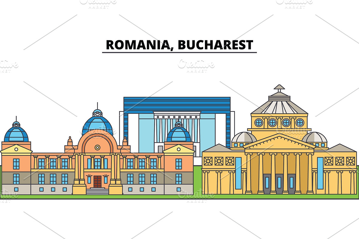 Romania, Bucharest. City skyline, architecture, buildings, streets, silhouette, landscape, panorama, landmarks. Editable strokes. Flat design line vector illustration concept. Isolated icons in Illustrations - product preview 8