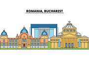 Romania, Bucharest. City skyline, architecture, buildings, streets, silhouette, landscape, panorama, landmarks. Editable strokes. Flat design line vector illustration concept. Isolated icons