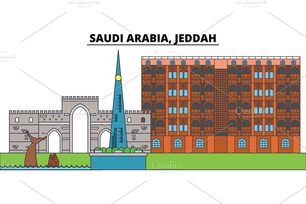 Saudi Arabia, Jeddah. City skyline, architecture, buildings, streets, silhouette, landscape, panorama, landmarks. Editable strokes. Flat design line vector illustration concept. Isolated icons in Illustrations - product preview 8