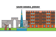 Saudi Arabia, Jeddah. City skyline, architecture, buildings, streets, silhouette, landscape, panorama, landmarks. Editable strokes. Flat design line vector illustration concept. Isolated icons