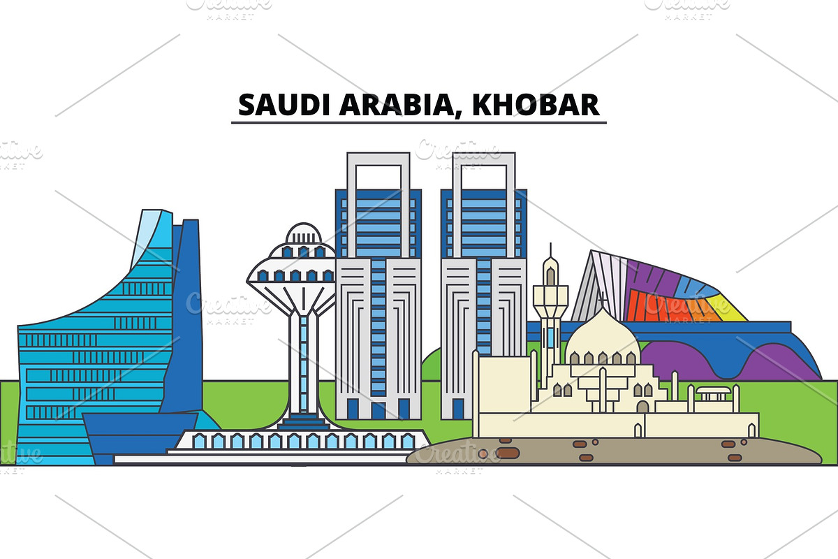 Saudi Arabia, Khobar. City skyline, architecture, buildings, streets, silhouette, landscape, panorama, landmarks. Editable strokes. Flat design line vector illustration concept. Isolated icons in Illustrations - product preview 8