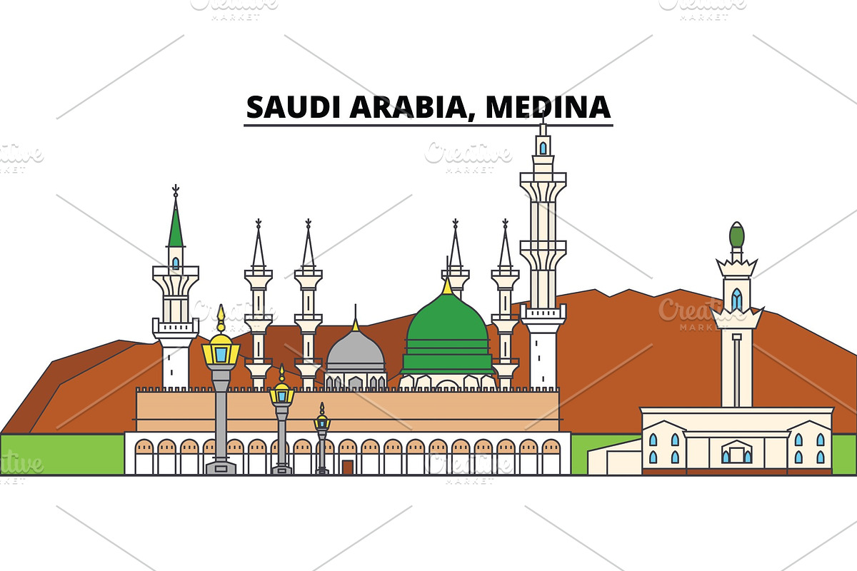 Saudi Arabia, Medina. City skyline, architecture, buildings, streets, silhouette, landscape, panorama, landmarks. Editable strokes. Flat design line vector illustration concept. Isolated icons in Illustrations - product preview 8