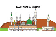 Saudi Arabia, Medina. City skyline, architecture, buildings, streets, silhouette, landscape, panorama, landmarks. Editable strokes. Flat design line vector illustration concept. Isolated icons