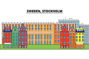 Sweden, Stockholm. City skyline, architecture, buildings, streets, silhouette, landscape, panorama, landmarks. Editable strokes. Flat design line vector illustration concept. Isolated icons