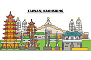 Taiwan, Kaohsiung. City skyline, architecture, buildings, streets, silhouette, landscape, panorama, landmarks. Editable strokes. Flat design line vector illustration concept. Isolated icons