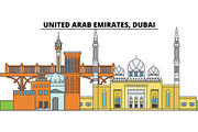 United Arab Emirates, Dubai. City skyline, architecture, buildings, streets, silhouette, landscape, panorama, landmarks. Editable strokes. Flat design line vector illustration concept. Isolated icons
