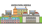 United States, Norfolk. City skyline, architecture, buildings, streets, silhouette, landscape, panorama, landmarks. Editable strokes. Flat design line vector illustration concept. Isolated icons