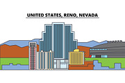 United States, Reno, Nevada. City skyline, architecture, buildings, streets, silhouette, landscape, panorama, landmarks. Editable strokes. Flat design line vector illustration concept. Isolated icons