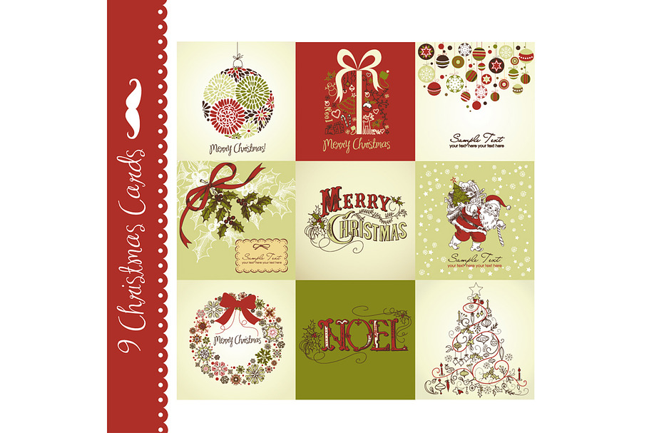 9 Christmas cards, vintage style