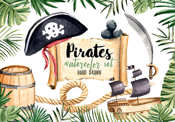 Pirates Clipart Watercolor Set in Illustrations - product preview 6