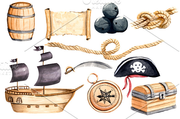 Pirates Clipart Watercolor Set in Illustrations - product preview 7